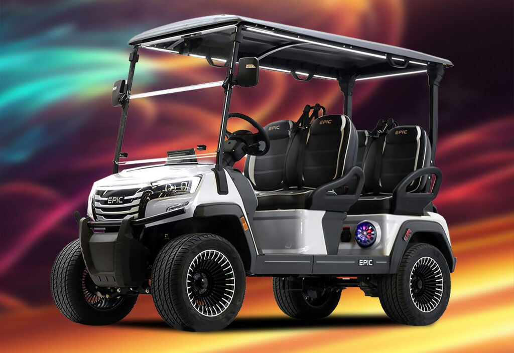 Angled view of the 2025 Epic E40 FX golf cart, featuring sleek design and spacious seating