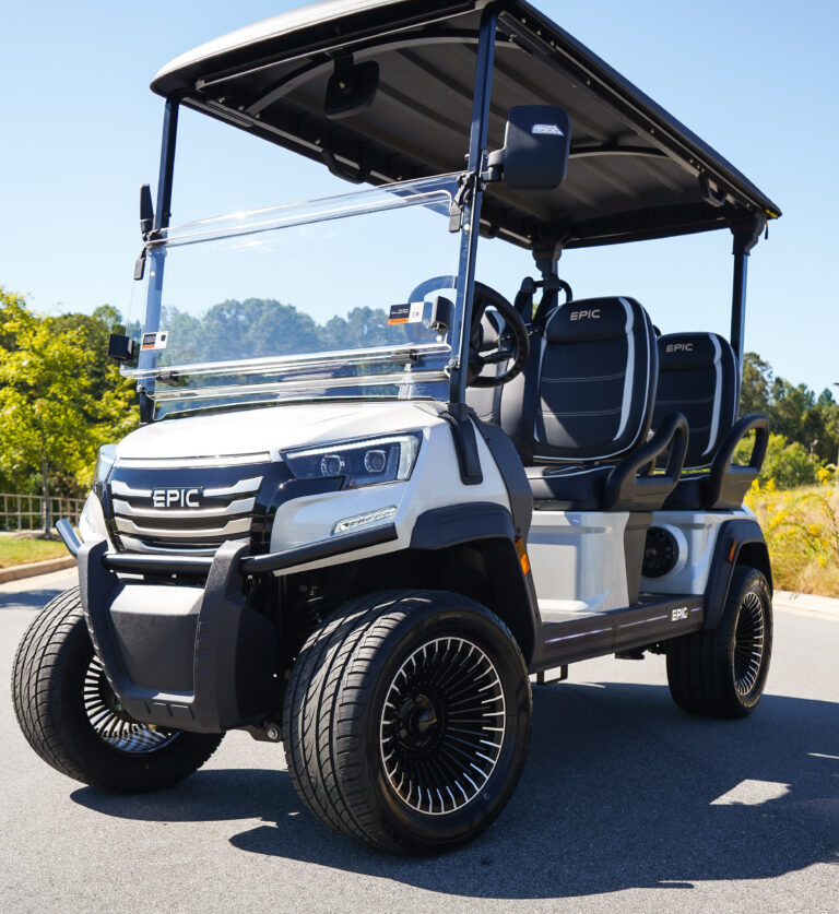 Angled view of the 2025 Epic E40 FX golf cart, featuring sleek design and spacious seating